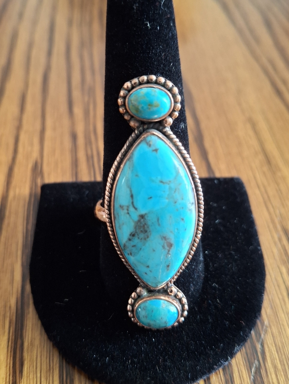 Ring Large 3 Turquoise Stones Copper Frame And Adjustable Band 9-12